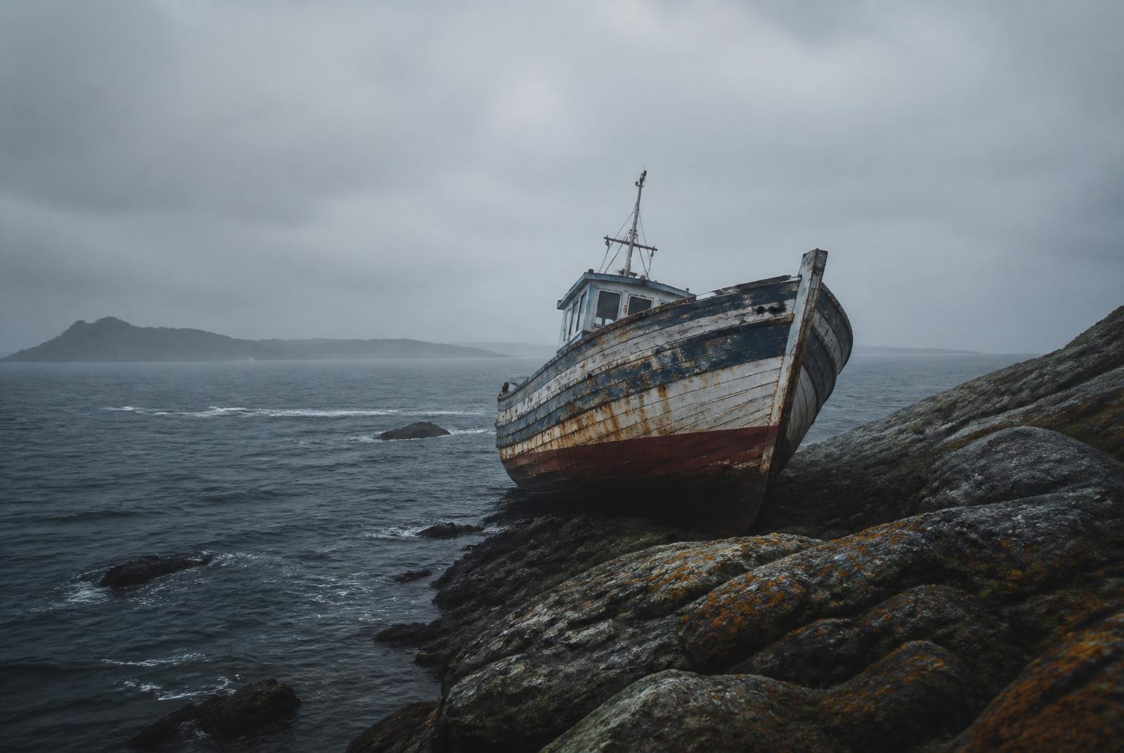 Bateau échoué sur la côte bretonne évoquant un sinistre maritime