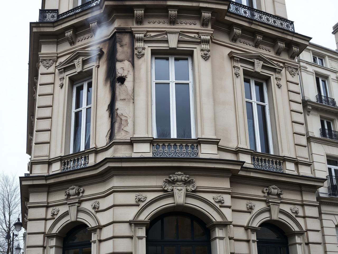 Sinistre sur immeuble haussmannien — traces de fumée sur façade en pierre